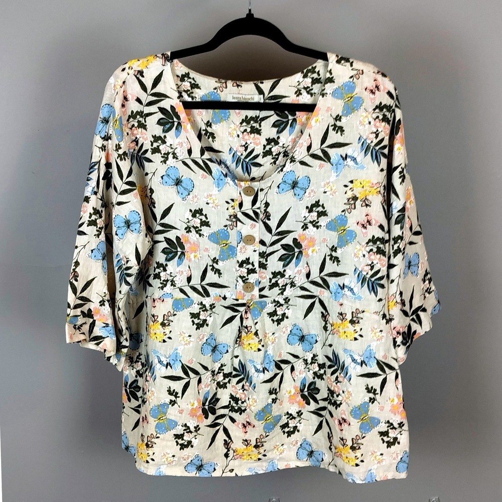 Laura Bianchi ‎ Linen Butterfly Floral Shirt Beige Made in Italy 3/4 Sleeve